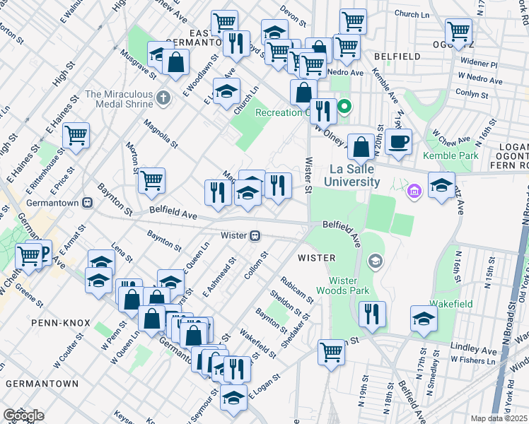 map of restaurants, bars, coffee shops, grocery stores, and more near 5200 Belfield Avenue in Philadelphia
