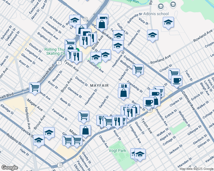 map of restaurants, bars, coffee shops, grocery stores, and more near 3124 Brighton Street in Philadelphia