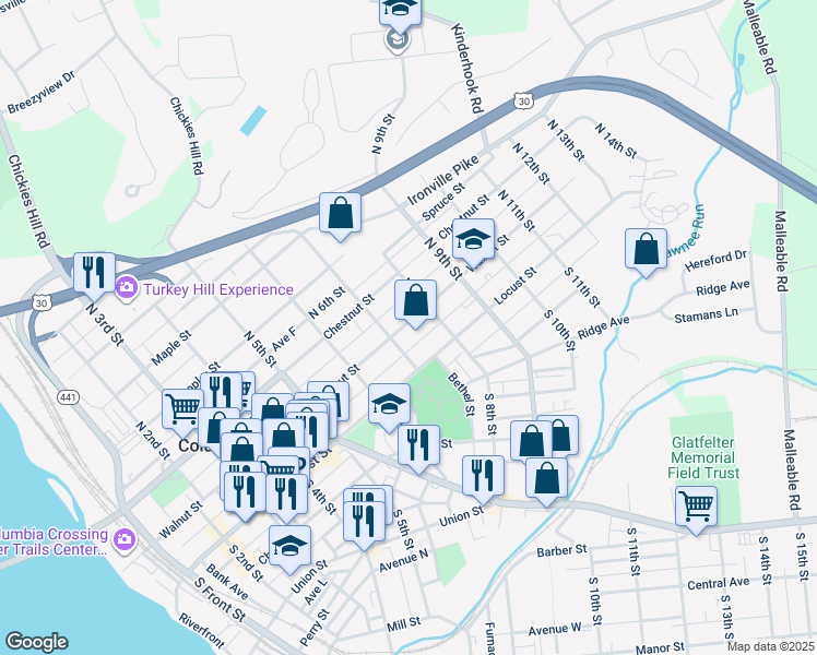 map of restaurants, bars, coffee shops, grocery stores, and more near 724 Walnut Street in Columbia