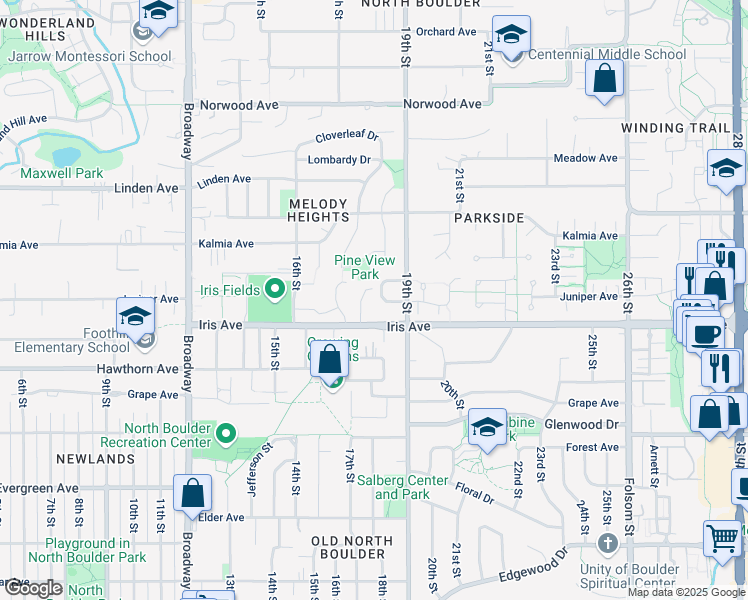 map of restaurants, bars, coffee shops, grocery stores, and more near 1840 Del Rosa Court in Boulder