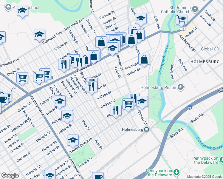 map of restaurants, bars, coffee shops, grocery stores, and more near 7810 Cottage Street in Philadelphia