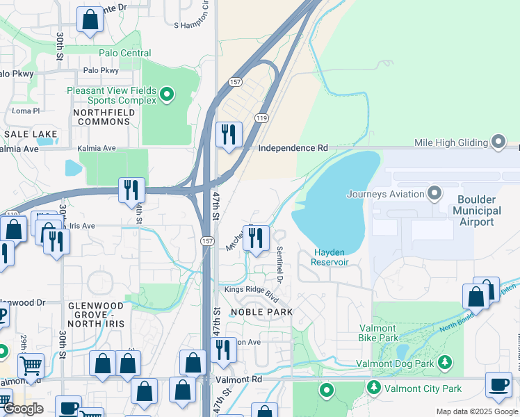 map of restaurants, bars, coffee shops, grocery stores, and more near 3450 Mitchell Lane in Boulder