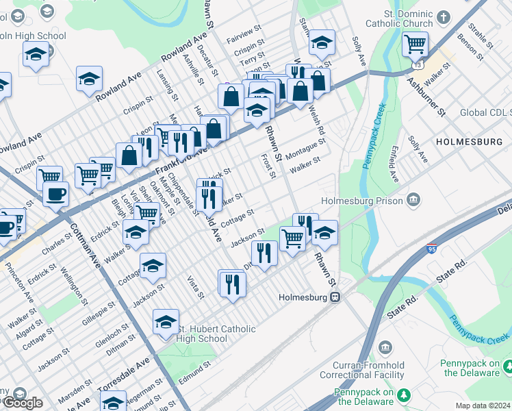 map of restaurants, bars, coffee shops, grocery stores, and more near 7812 Cottage Street in Philadelphia