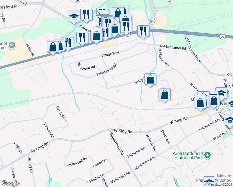 map of restaurants, bars, coffee shops, grocery stores, and more near 101 Spring Road in Malvern