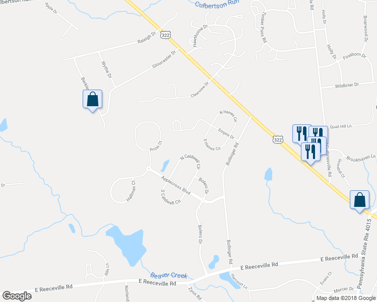 map of restaurants, bars, coffee shops, grocery stores, and more near 255 North Caldwell Circle in Downingtown