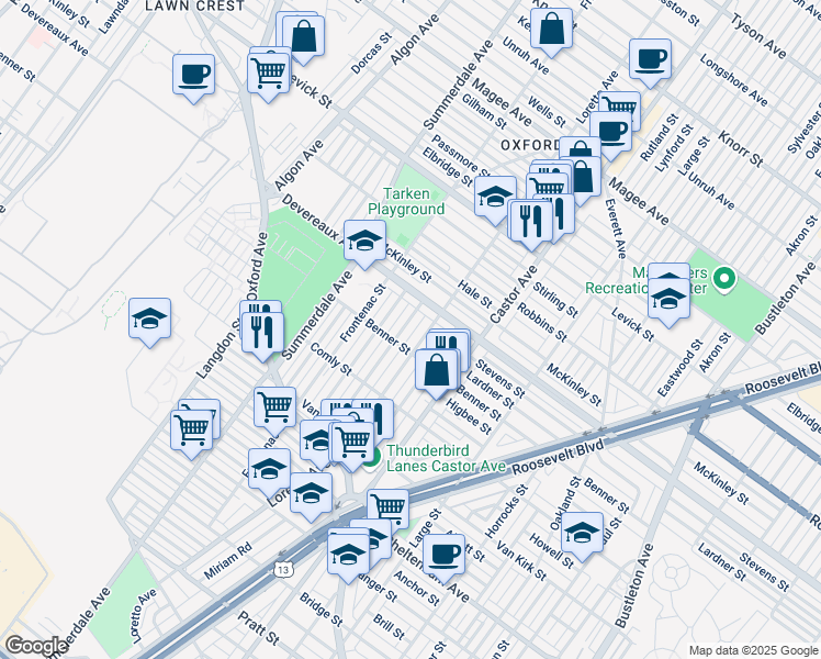 map of restaurants, bars, coffee shops, grocery stores, and more near 6140 Belden Street in Philadelphia