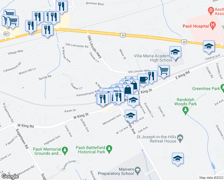 map of restaurants, bars, coffee shops, grocery stores, and more near 3 West Broad Street in Malvern