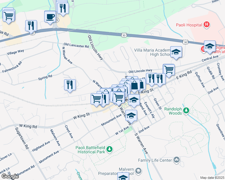 map of restaurants, bars, coffee shops, grocery stores, and more near 3 West Broad Street in Malvern