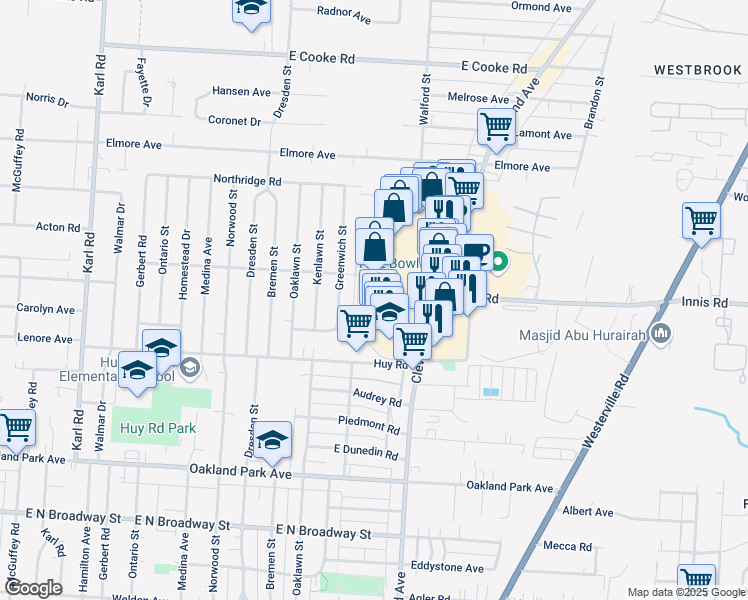 map of restaurants, bars, coffee shops, grocery stores, and more near 3409 Cleveland Avenue in Columbus