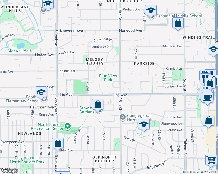 map of restaurants, bars, coffee shops, grocery stores, and more near 3495 17th Street in Boulder