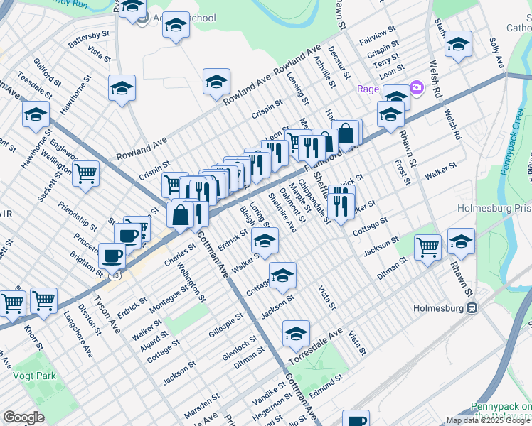 map of restaurants, bars, coffee shops, grocery stores, and more near 4036 Vista Street in Philadelphia