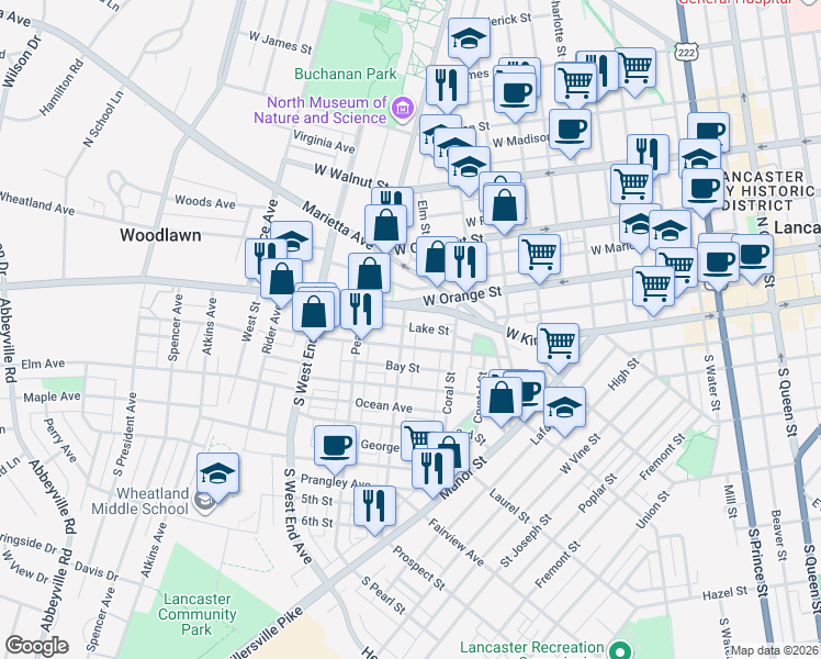 map of restaurants, bars, coffee shops, grocery stores, and more near 665 Columbia Avenue in Lancaster