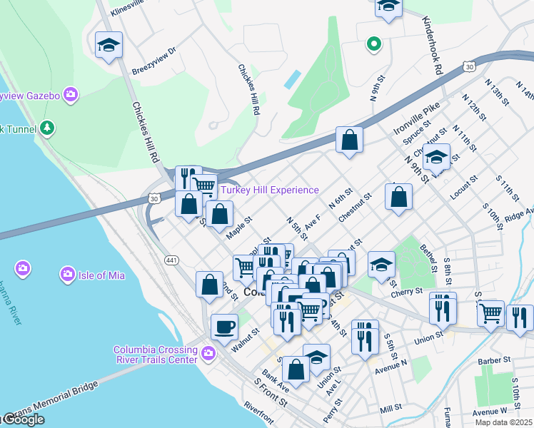 map of restaurants, bars, coffee shops, grocery stores, and more near 459 Maple Street in Columbia