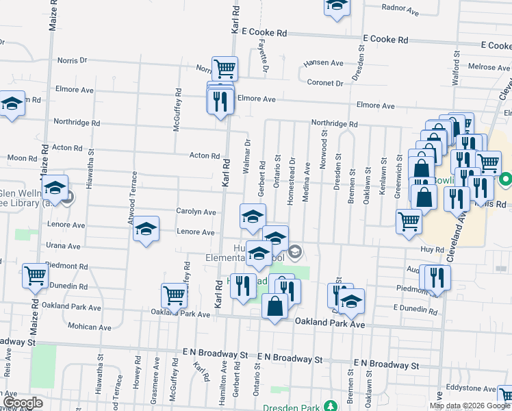 map of restaurants, bars, coffee shops, grocery stores, and more near 3493 Gerbert Road in Columbus
