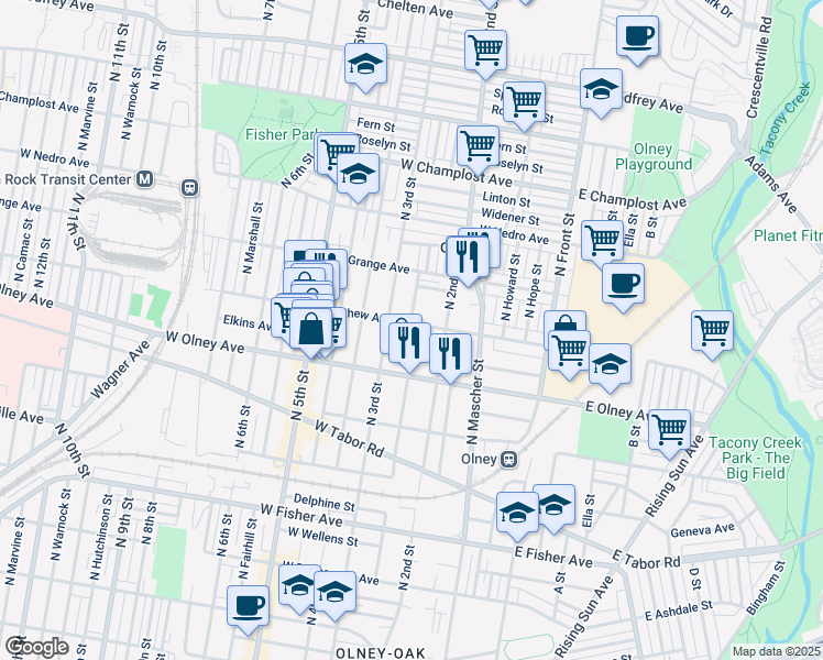map of restaurants, bars, coffee shops, grocery stores, and more near 5713 North American Street in Philadelphia