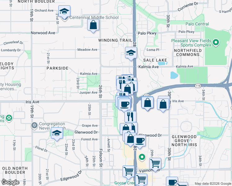 map of restaurants, bars, coffee shops, grocery stores, and more near 2685 Juniper Avenue in Boulder