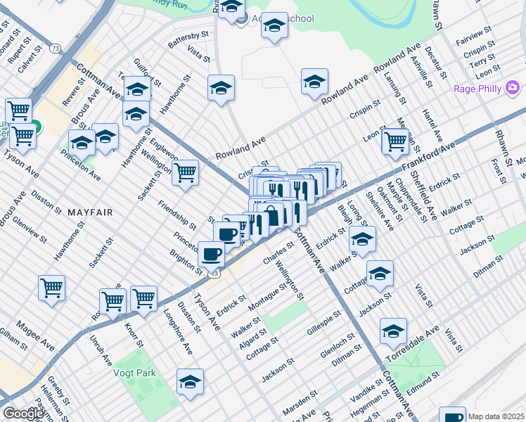 map of restaurants, bars, coffee shops, grocery stores, and more near 3452 Ryan Avenue in Philadelphia