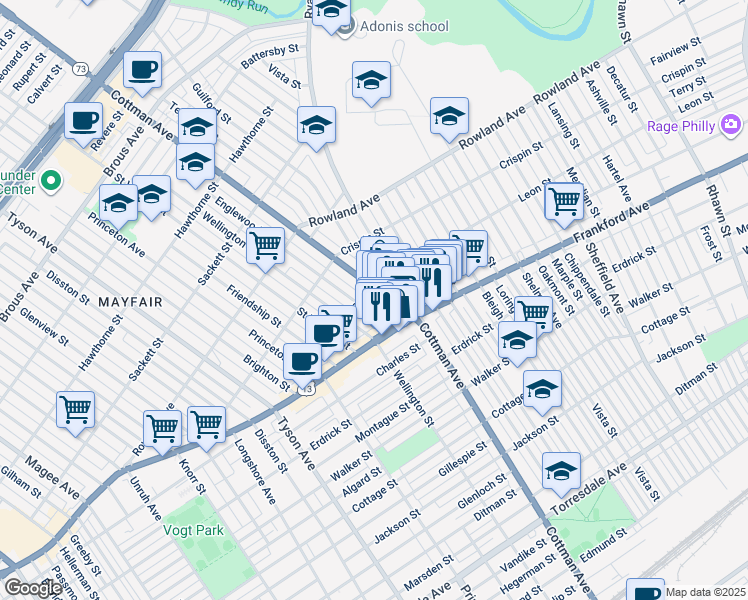 map of restaurants, bars, coffee shops, grocery stores, and more near 3452 Ryan Avenue in Philadelphia