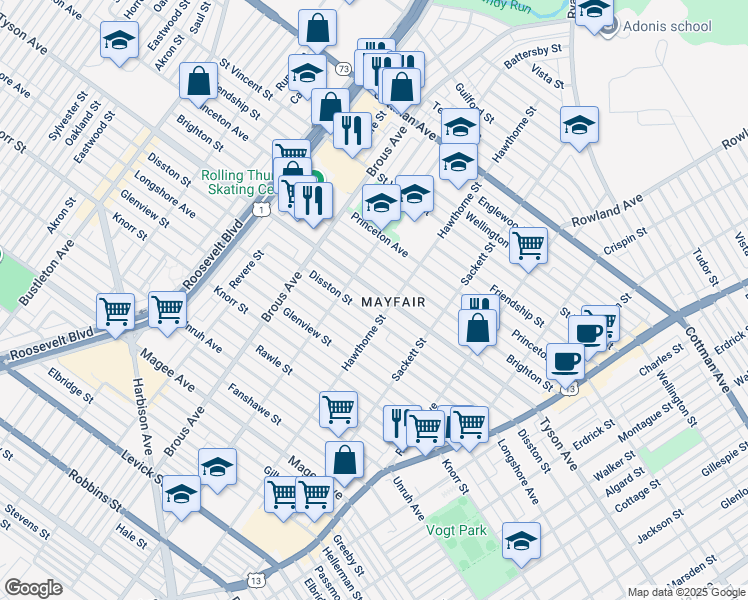 map of restaurants, bars, coffee shops, grocery stores, and more near 3011 Tyson Avenue in Philadelphia