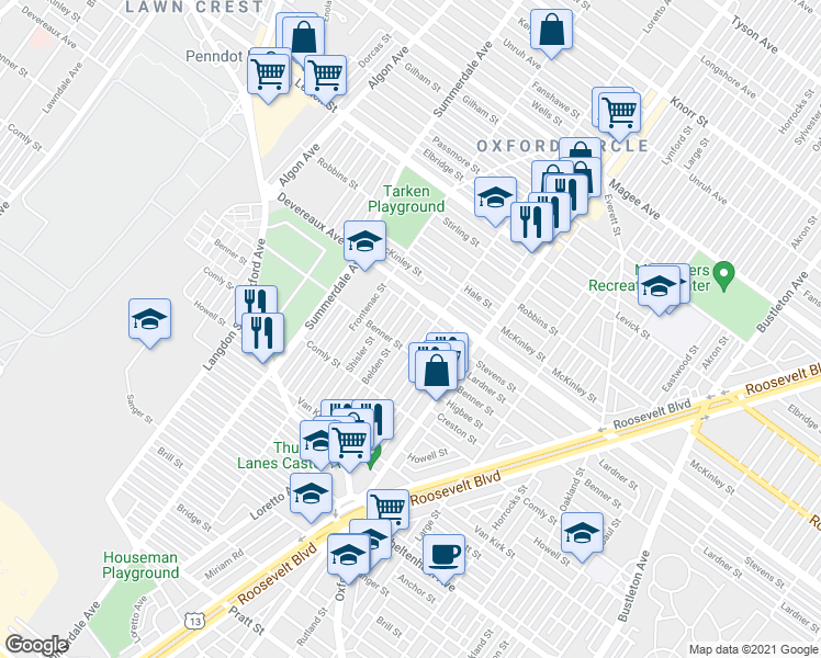 map of restaurants, bars, coffee shops, grocery stores, and more near 6140 Belden Street in Philadelphia