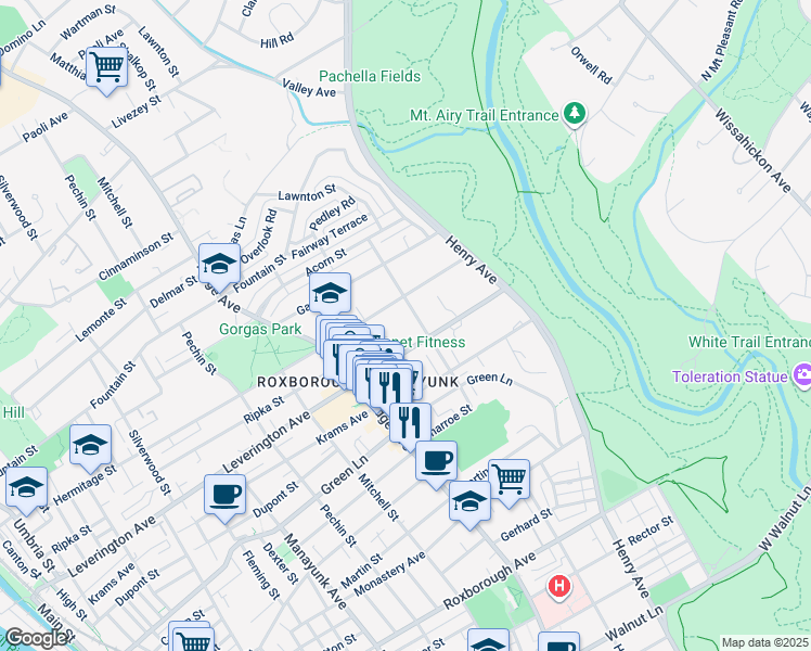map of restaurants, bars, coffee shops, grocery stores, and more near 556R Leverington Avenue in Philadelphia
