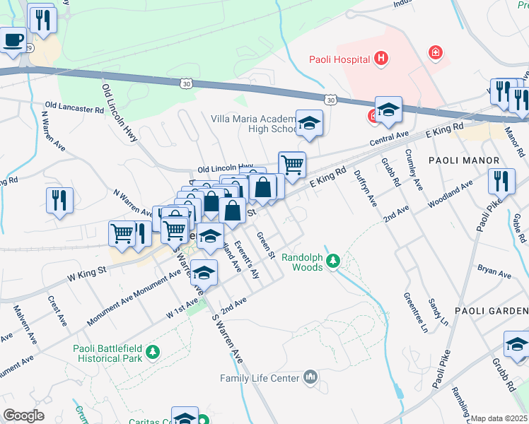 map of restaurants, bars, coffee shops, grocery stores, and more near 335 East King Street in Malvern