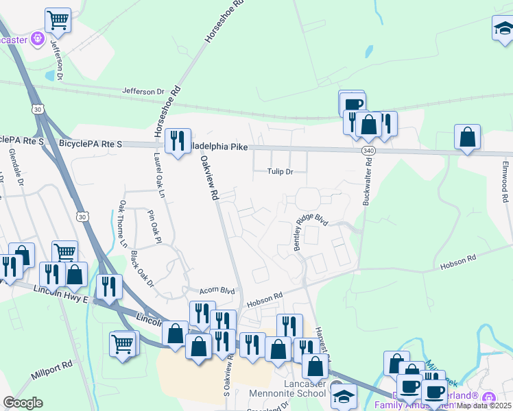 map of restaurants, bars, coffee shops, grocery stores, and more near 143 Rose Drive in Lancaster