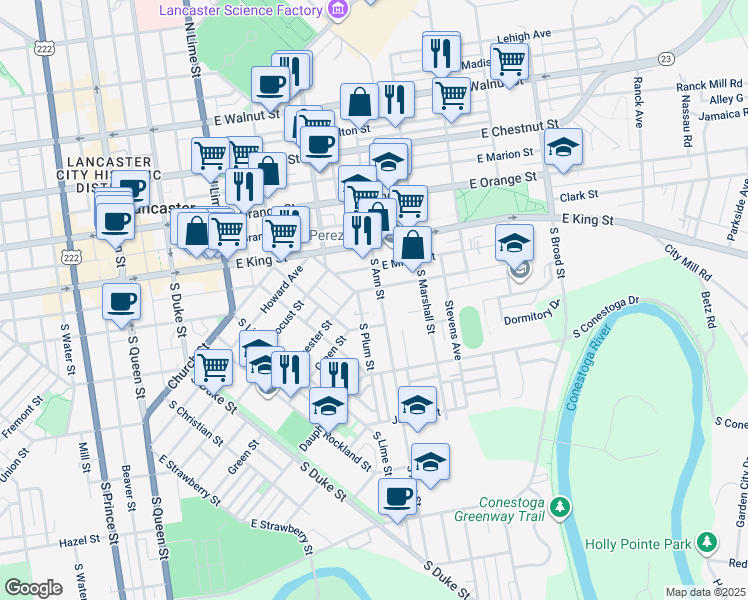 map of restaurants, bars, coffee shops, grocery stores, and more near 41 South Ann Street in Lancaster