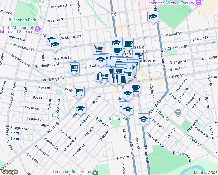 map of restaurants, bars, coffee shops, grocery stores, and more near 233 West King Street in Lancaster