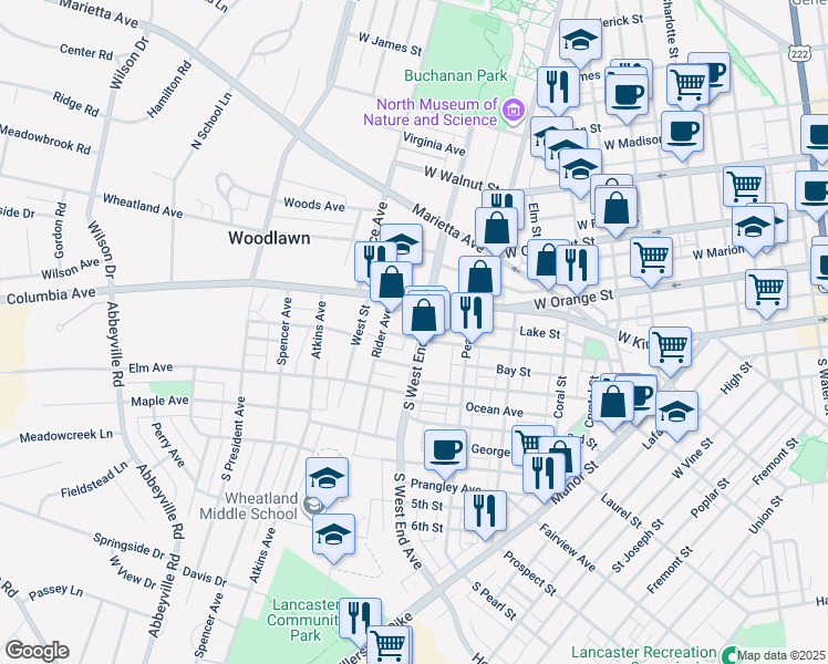 map of restaurants, bars, coffee shops, grocery stores, and more near 920 Columbia Avenue in Lancaster
