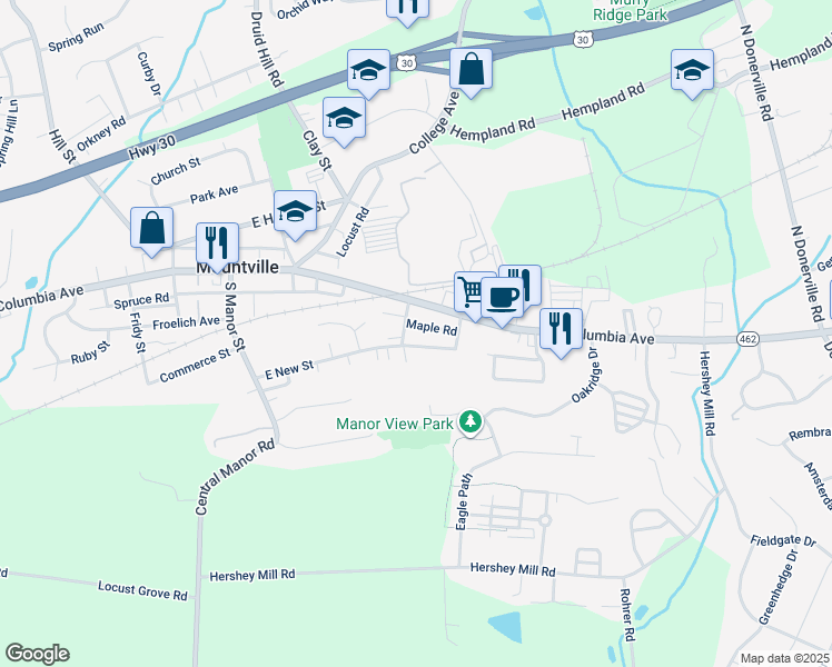 map of restaurants, bars, coffee shops, grocery stores, and more near 216 East Main Street in Mountville