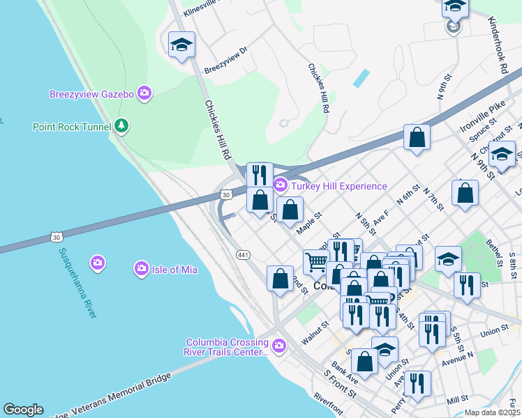 map of restaurants, bars, coffee shops, grocery stores, and more near 531 North 3rd Street in Columbia