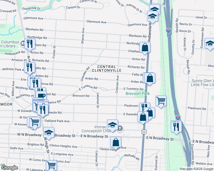 map of restaurants, bars, coffee shops, grocery stores, and more near 377 Arden Road in Columbus
