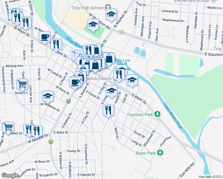 map of restaurants, bars, coffee shops, grocery stores, and more near 323 East Main Street in Troy