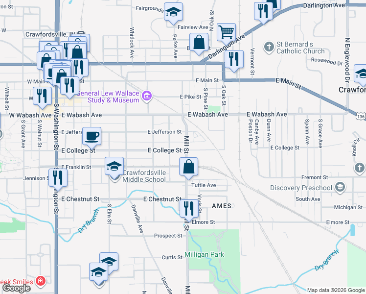 map of restaurants, bars, coffee shops, grocery stores, and more near 809 East Jefferson Street in Crawfordsville