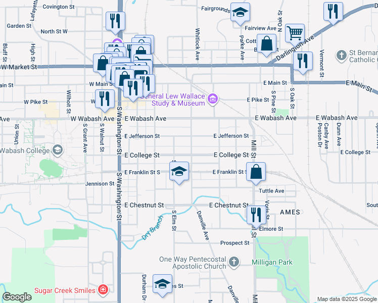 map of restaurants, bars, coffee shops, grocery stores, and more near 503 East Jefferson Street in Crawfordsville