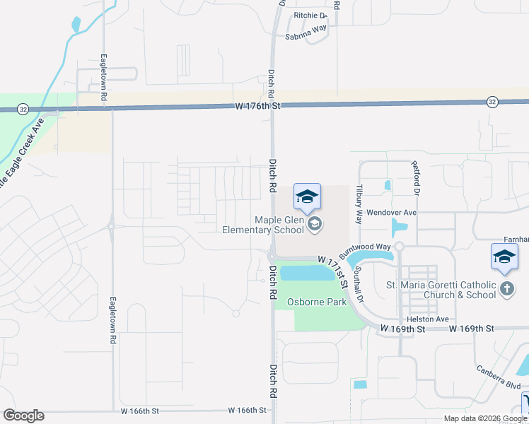 map of restaurants, bars, coffee shops, grocery stores, and more near 17308 Ditch Road in Westfield