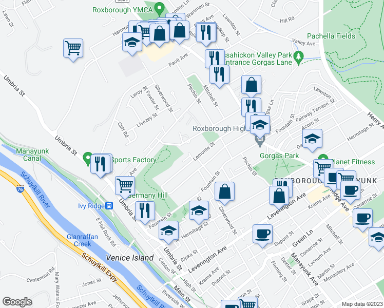 map of restaurants, bars, coffee shops, grocery stores, and more near 6611 Silverwood Street in Philadelphia