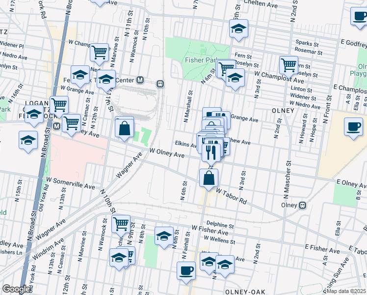 map of restaurants, bars, coffee shops, grocery stores, and more near 614 Elkins Ave in Philadelphia