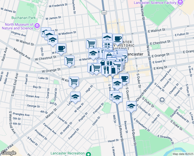 map of restaurants, bars, coffee shops, grocery stores, and more near 254 West King Street in Lancaster