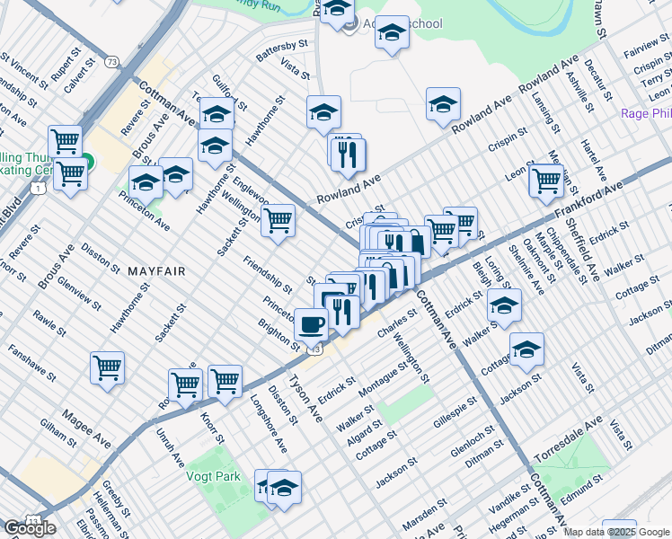 map of restaurants, bars, coffee shops, grocery stores, and more near 3427 Wellington Street in Philadelphia