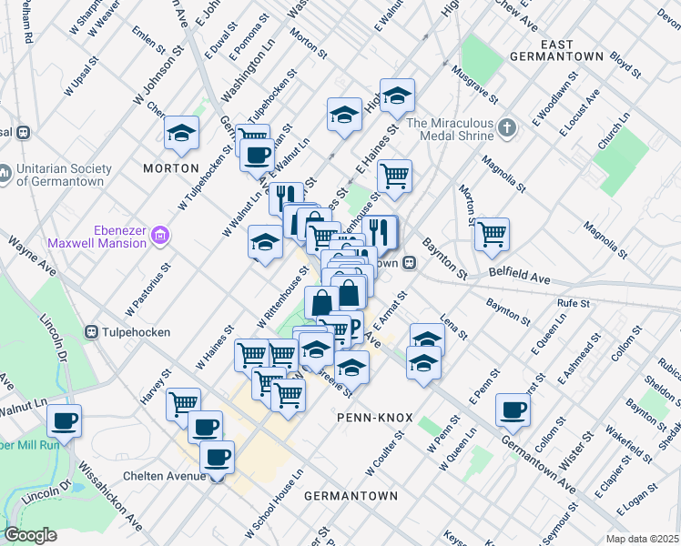 map of restaurants, bars, coffee shops, grocery stores, and more near 21 East Price Street in Philadelphia