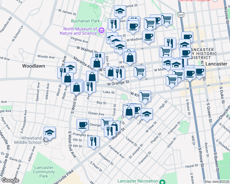 map of restaurants, bars, coffee shops, grocery stores, and more near 626 West Orange Street in Lancaster