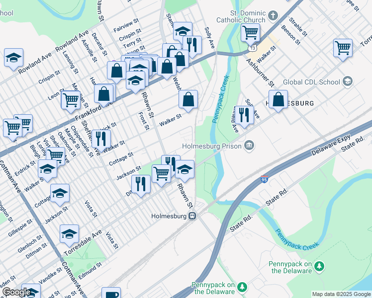 map of restaurants, bars, coffee shops, grocery stores, and more near 8030 Ditman Street in Philadelphia