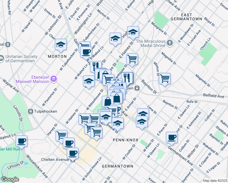 map of restaurants, bars, coffee shops, grocery stores, and more near 21 East Price Street in Philadelphia
