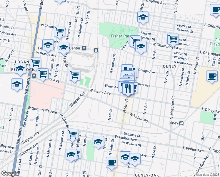 map of restaurants, bars, coffee shops, grocery stores, and more near 614 Elkins Ave in Philadelphia