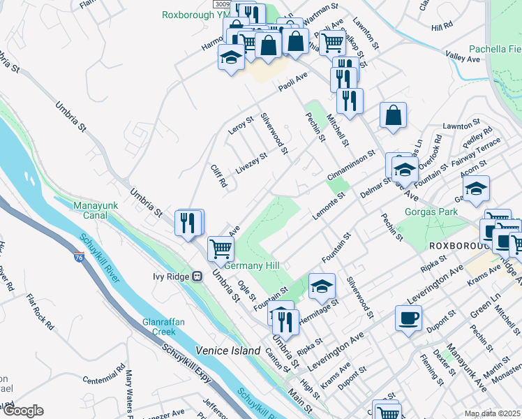 map of restaurants, bars, coffee shops, grocery stores, and more near 231 Parker Avenue in Philadelphia