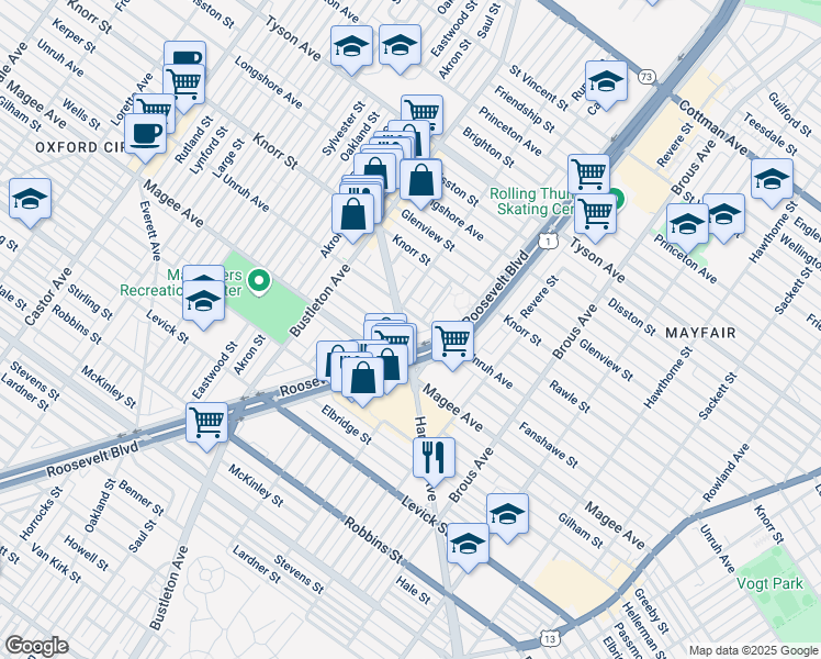 map of restaurants, bars, coffee shops, grocery stores, and more near 6615 Harbison Avenue in Philadelphia