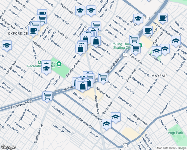 map of restaurants, bars, coffee shops, grocery stores, and more near 6615 Harbison Avenue in Philadelphia
