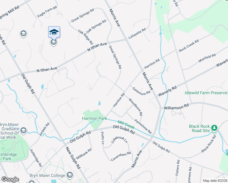 map of restaurants, bars, coffee shops, grocery stores, and more near 715 Woodleave Road in Bryn Mawr